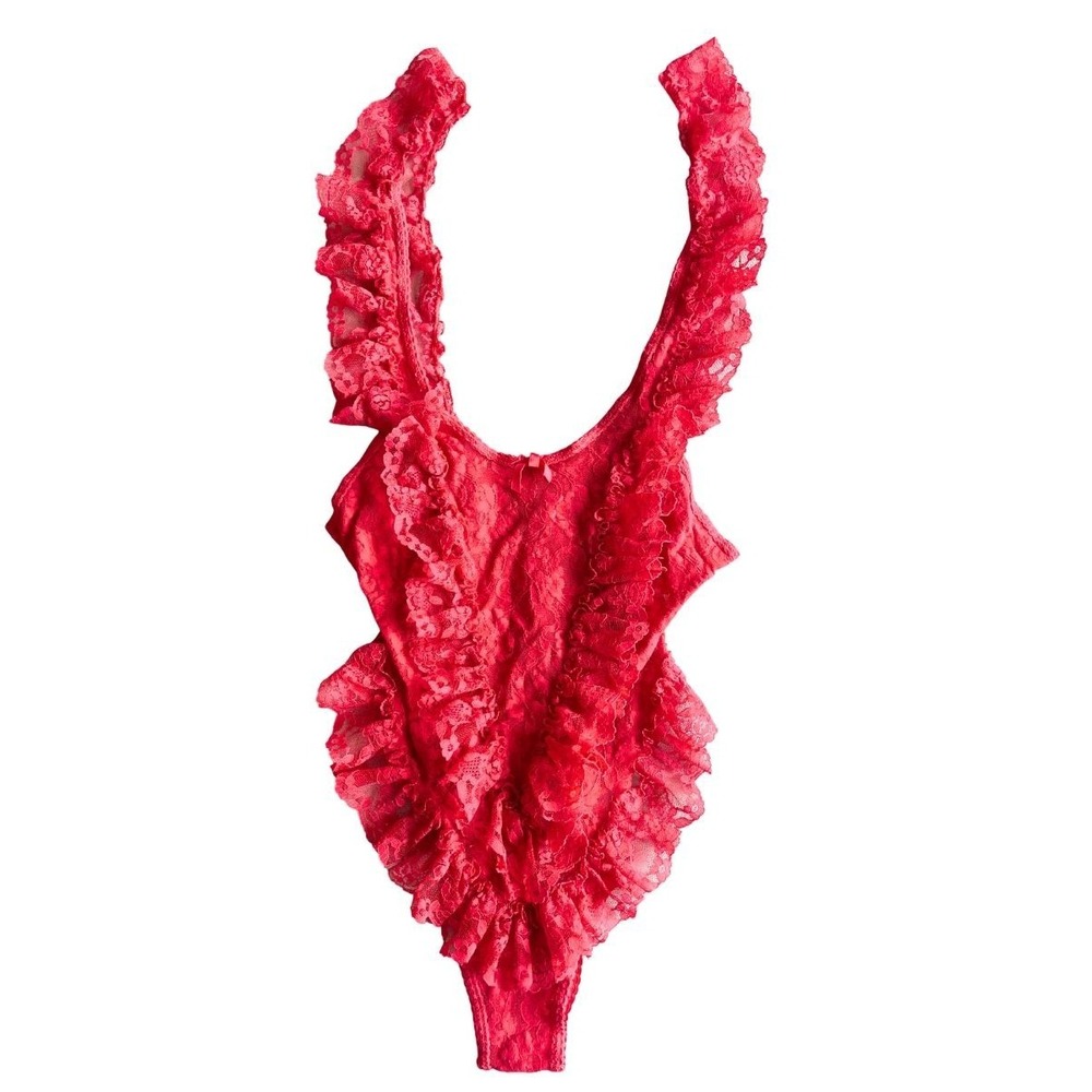 VTG Alana Gale Red Lace Ruffle Teddy Bodysuit Lingerie Medium Sheer Romantic